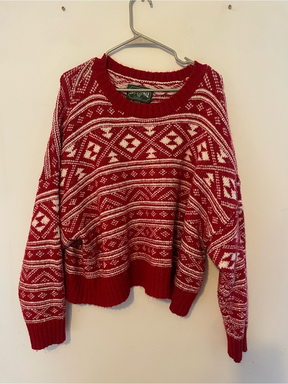 American Eagle Outfitters Red & White Fair Isle Crewneck Sweater